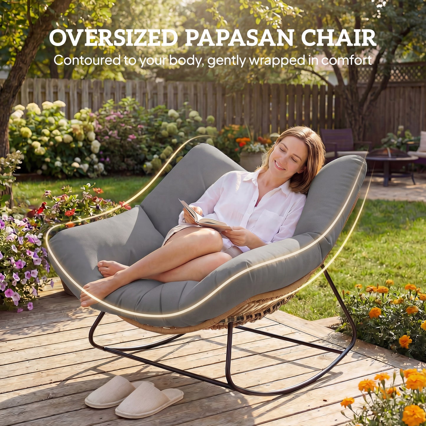Outsunny Indoor Outdoor Rocking Chair, Oversized Rocking Egg Chair with Cushion for Living Room, Garden, Patio, Grey