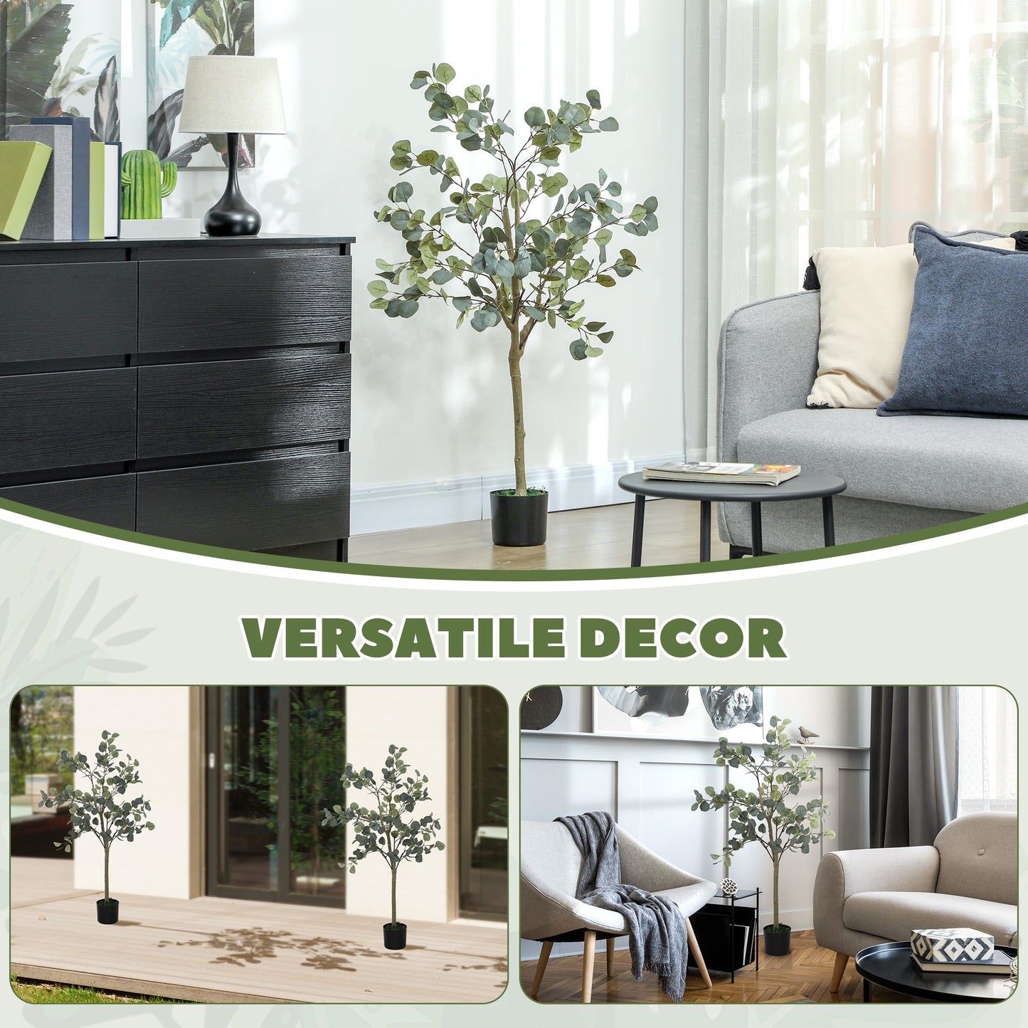 HOMCOM Set of 2 Decorative 4ft Artificial Silk Eucalyptus Trees with 230 Leaves in Pot, Fake Plants for Indoor Decor, Home, Office - Silver Dollar Leaves