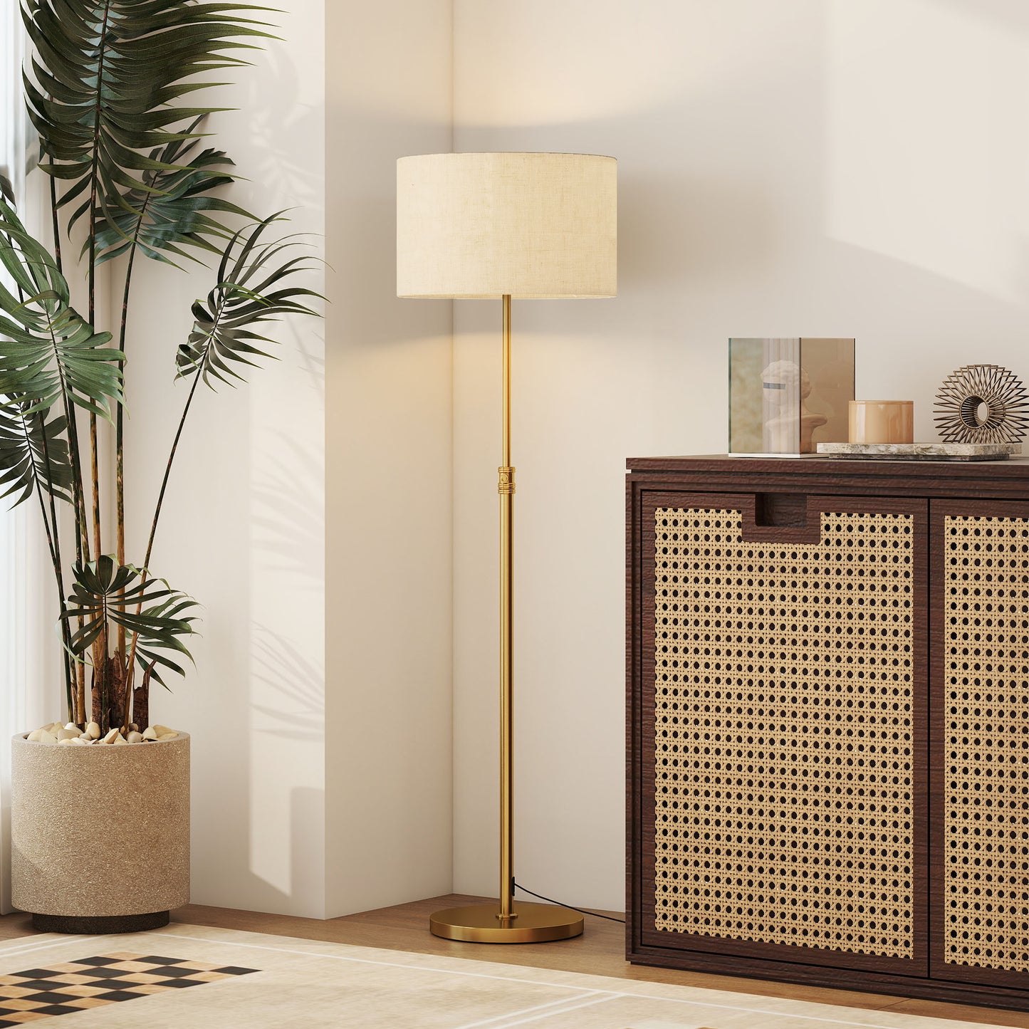 HOMCOM Floor Lamp, Height Adjustable with Linen Shade, Dimmable 3000K-6000K, Remote & Foot Switch for Living Room/Bedroom/Office, Gold Tone