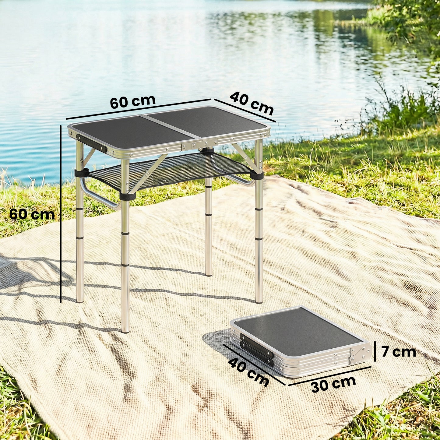 Outsunny 2ft Folding Camping Table, Picnic Table with Mesh Storage Layer, 4 Adjustable Heights and Carrying Handle