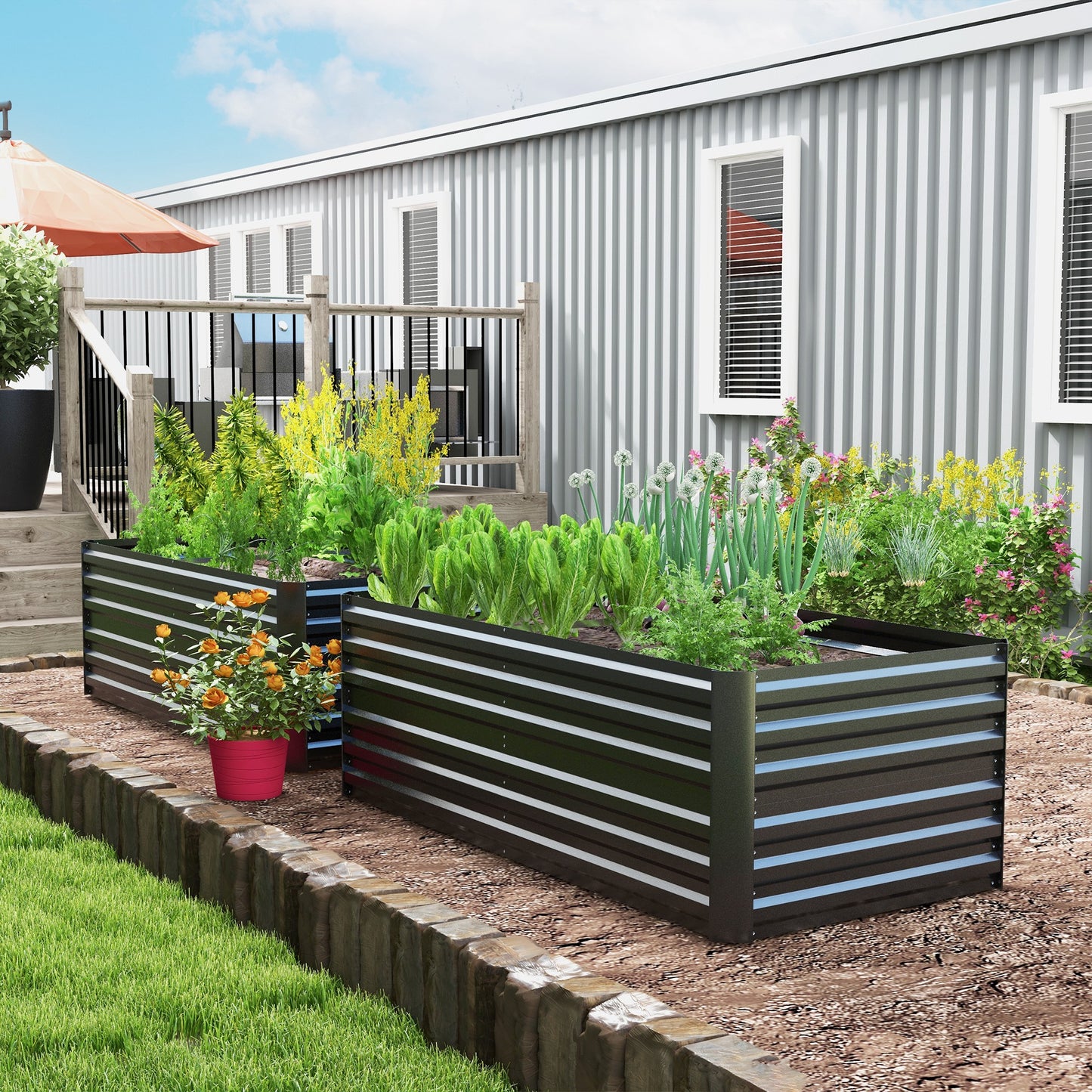 Outsunny Set of 2 Raised Garden Beds, Galvanised Steel Planters with Reinforced Rods for Vegetables, Plants & Herbs, 180x90x59 cm, Dark Grey
