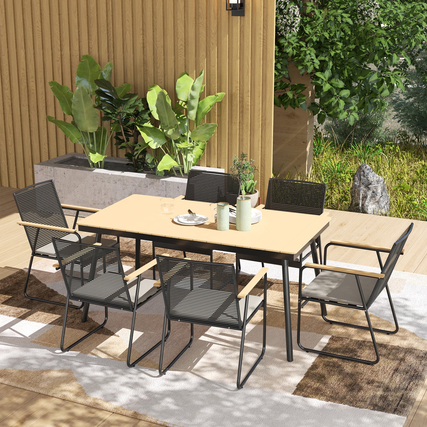 Outsunny 6 Seater Garden Dining Set, Rattan Backrest, Plastic Top, Soft Cushions, for Patio, Balcony, Poolside, Nature Wood Finish