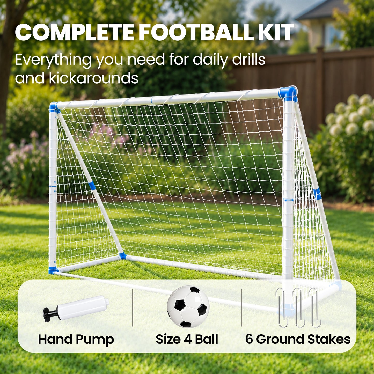 SPORTNOW Football Goal, 183 x 96 x 130 cm Foldable Practice Football Net with Ball Pump, Ground Stakes and PVC ball, White