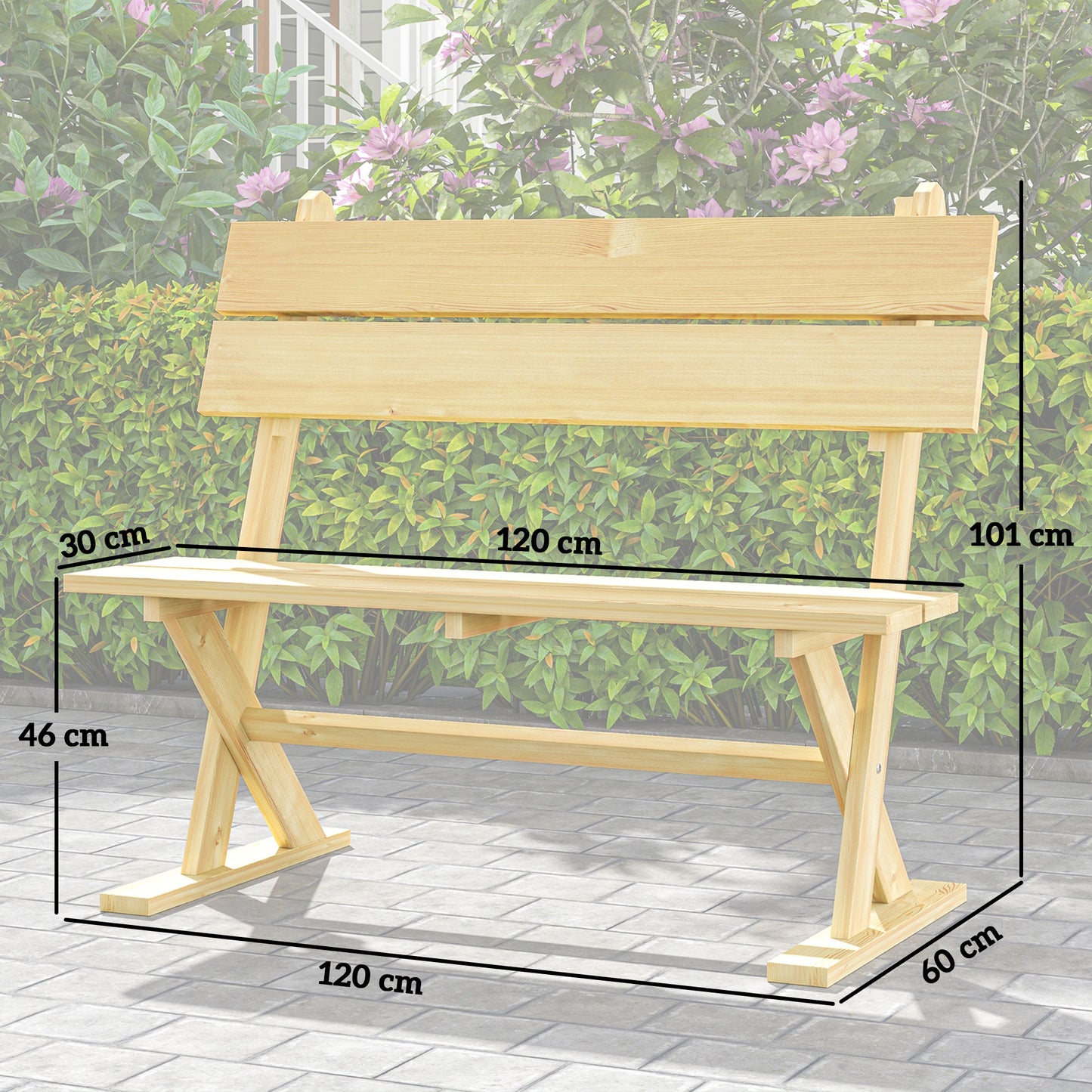 Outsunny 2 Seater Wooden Garden Bench, Fir Wood Loveseat with Slatted Seat & Sloping Back, Natural Finish