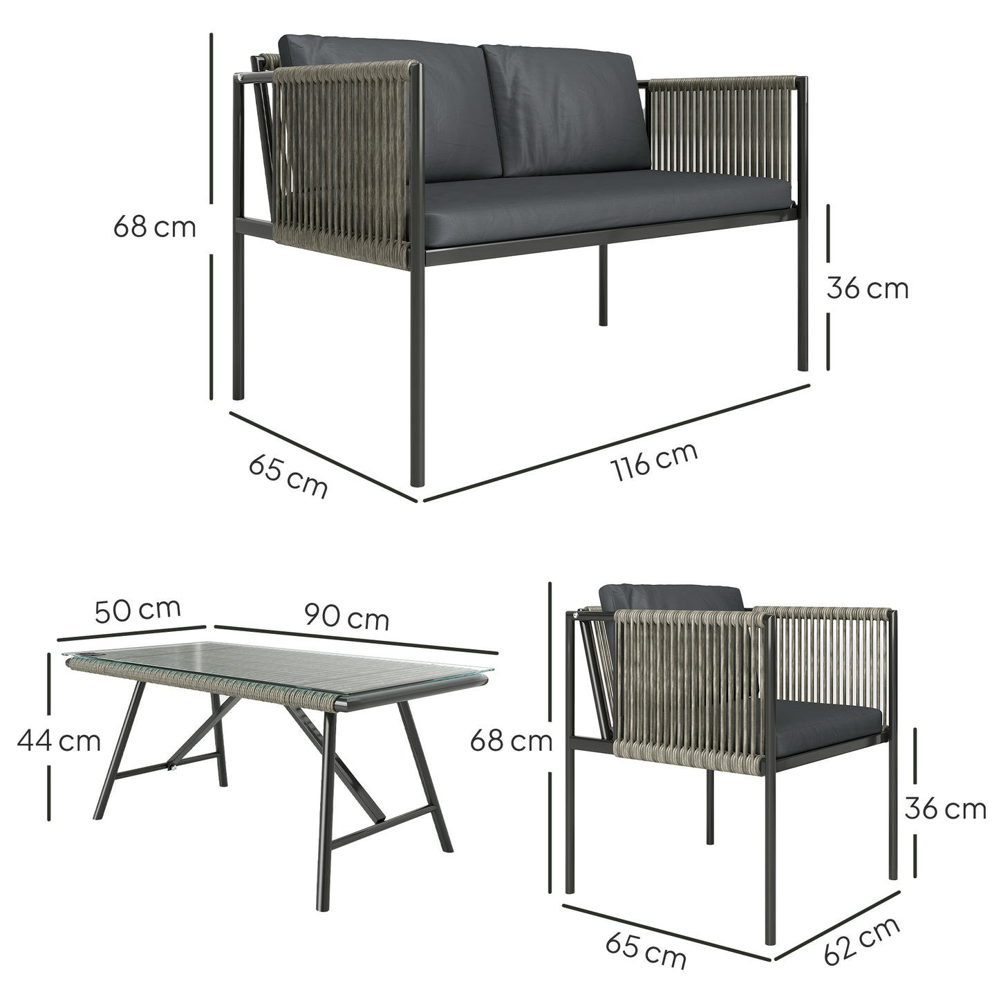 Outsunny 4 Piece Rattan Garden Furniture Set, 4 Seater Wicker Outdoor Set with 2 Armchairs, Loveseat, Coffee Table & Cushions, Grey