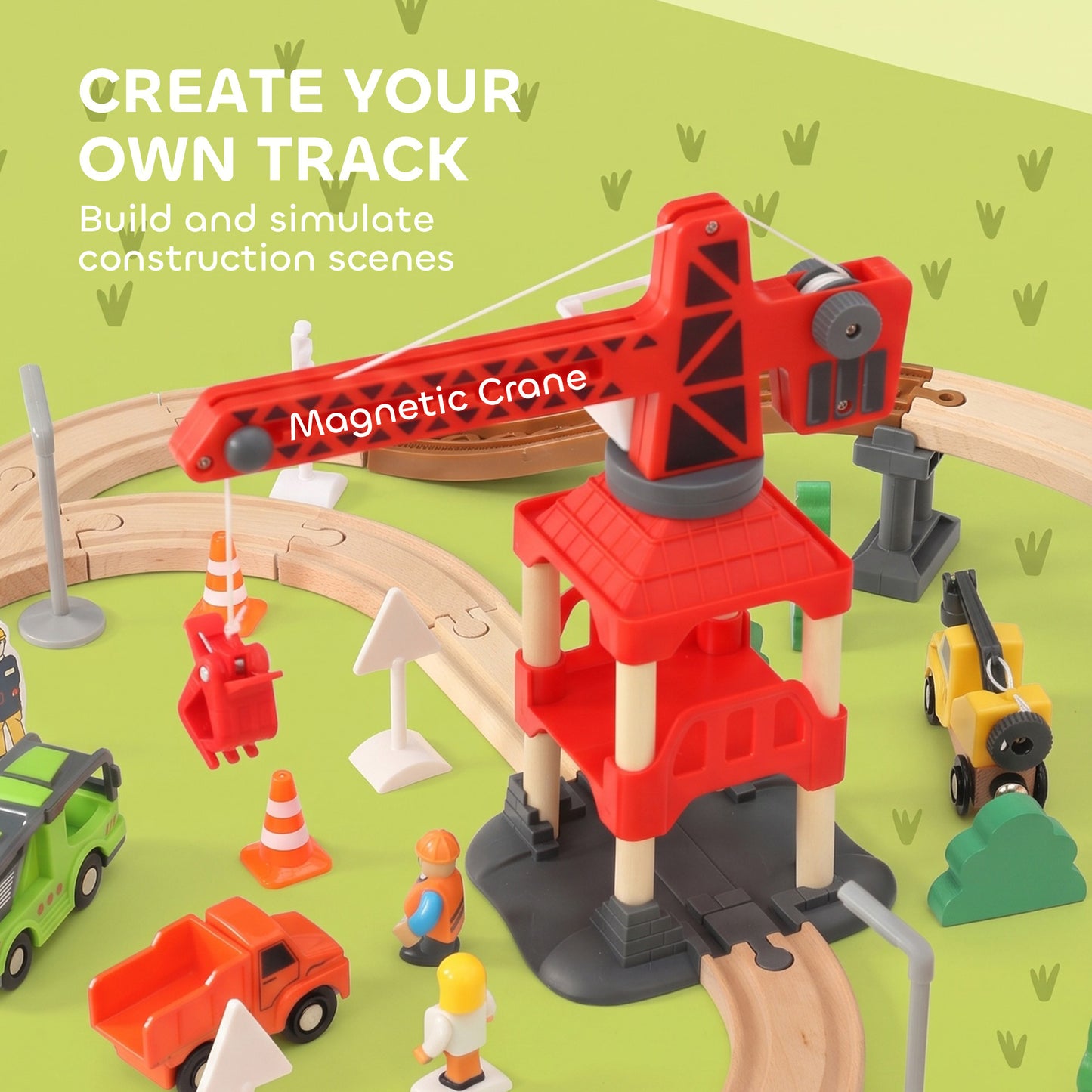 AIYAPLAY 91-Piece Wooden Train Set, Toy Train with Magnetic Crane, Sound Effects Track, for Kids Ages 3+