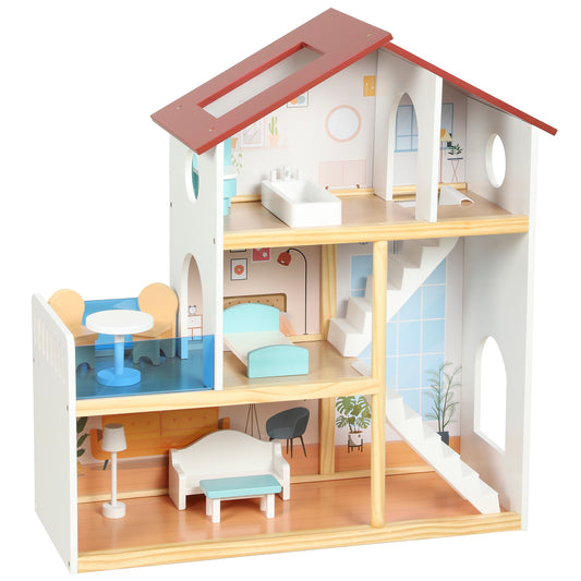 AIYAPLAY Kids Wooden Dolls House, 3-Story Dollhouse with 5 Rooms and 11 Accessories, Pretend Play Gift for Ages 3+, White