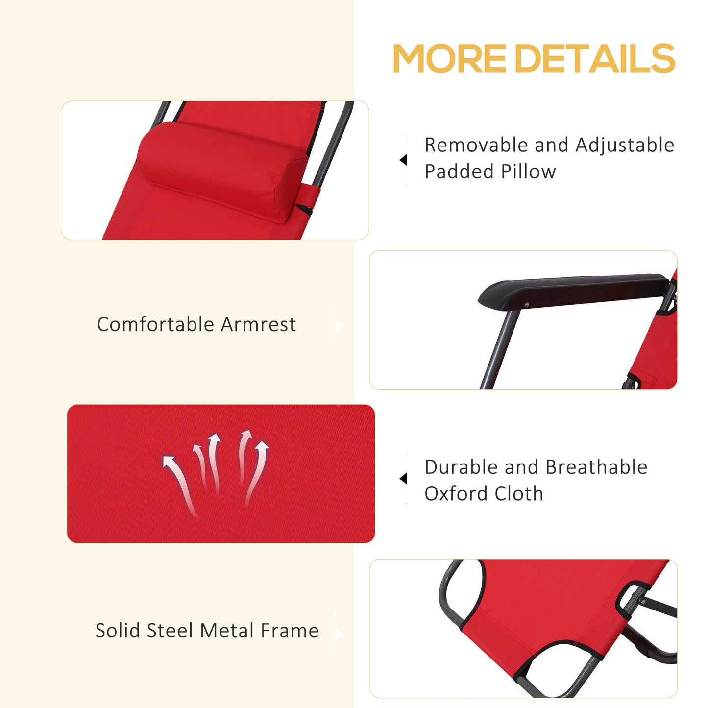 Outsunny 2 in 1 Folding Sun Lounger Reclining Garden Chair Set of 2, Adjustable Backrest, Zero Gravity with Head Pillow, Armrests, Red
