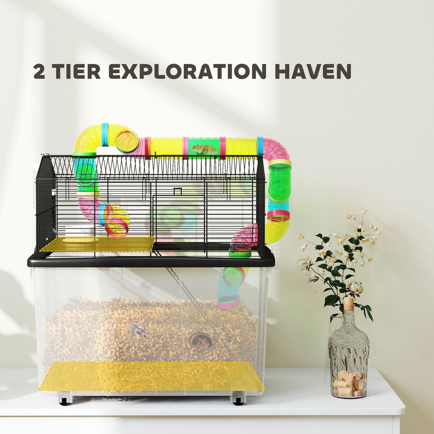 PawHut 2 Tier Hamster Cage with 31cm Deep Tray, Tube System, Water Bottle, Ramp, Feeding Bowl, 58 x 43 x 57cm, Multicolour