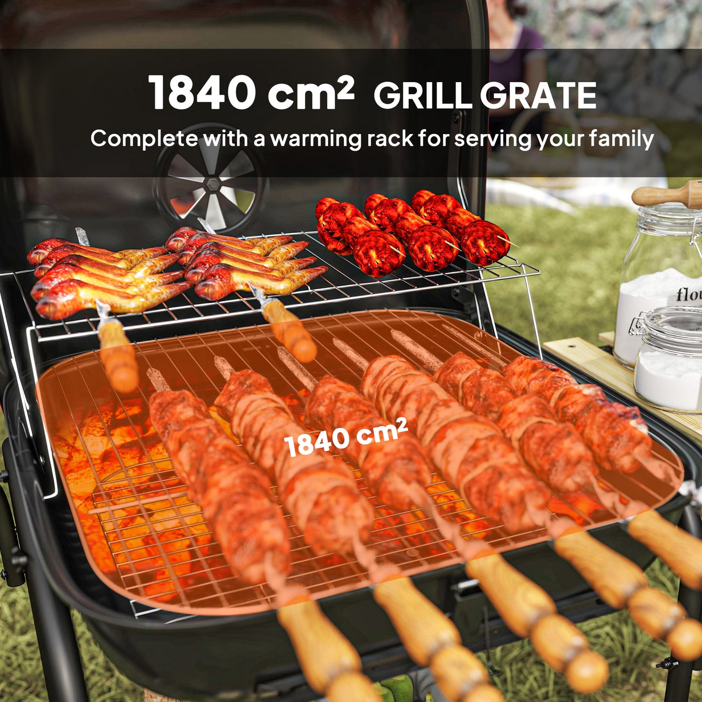 Outsunny Portable Charcoal BBQ Grill, 1840 cm² Cooking Area, 3 Shelves, Adjustable Vent, Lockable Lid, Wheels, Outdoor, Red