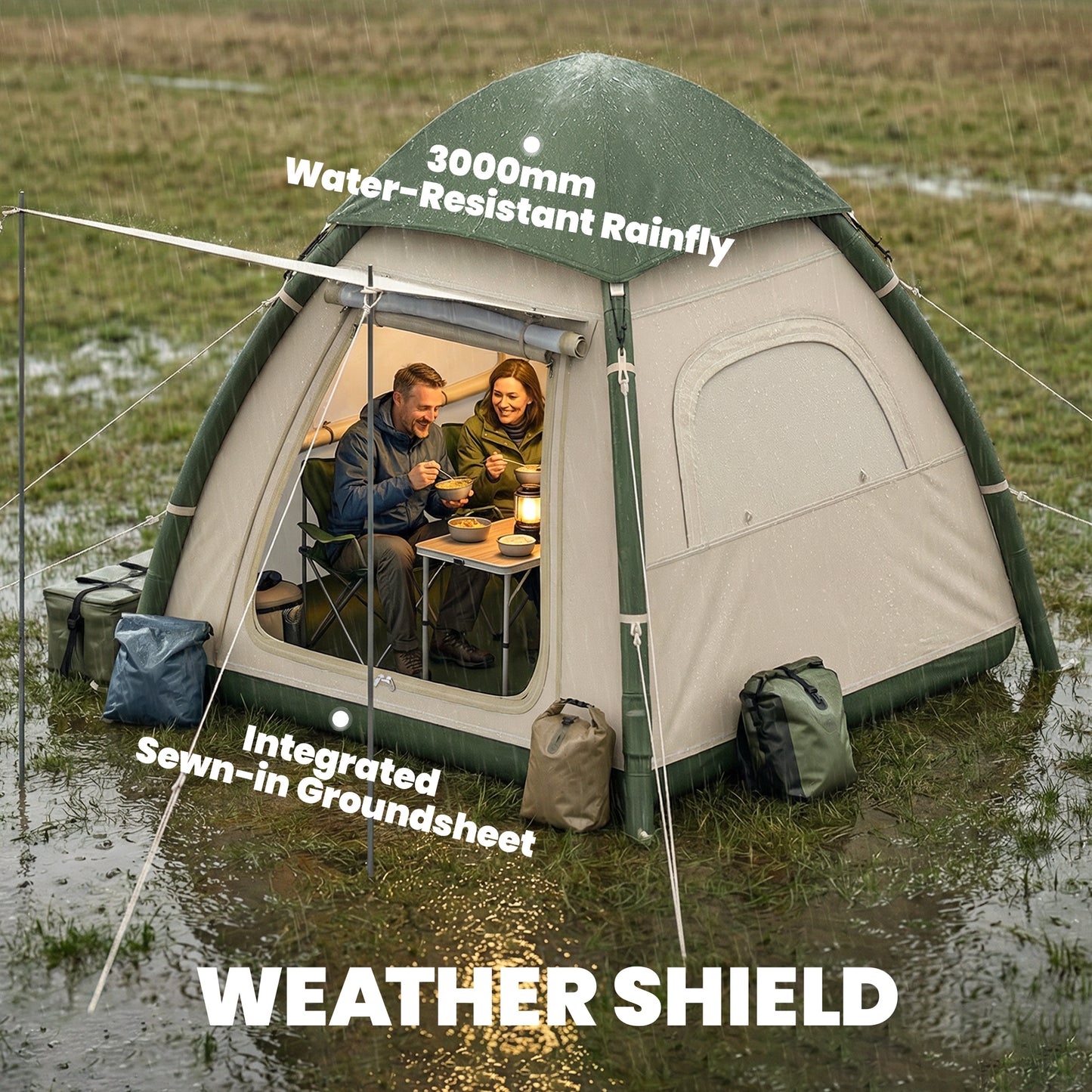 Outsunny Inflatable Camping Tent with Rainfly, 3 Man Air Tent 3000mm Waterproof Blow Up Tents, Beige
