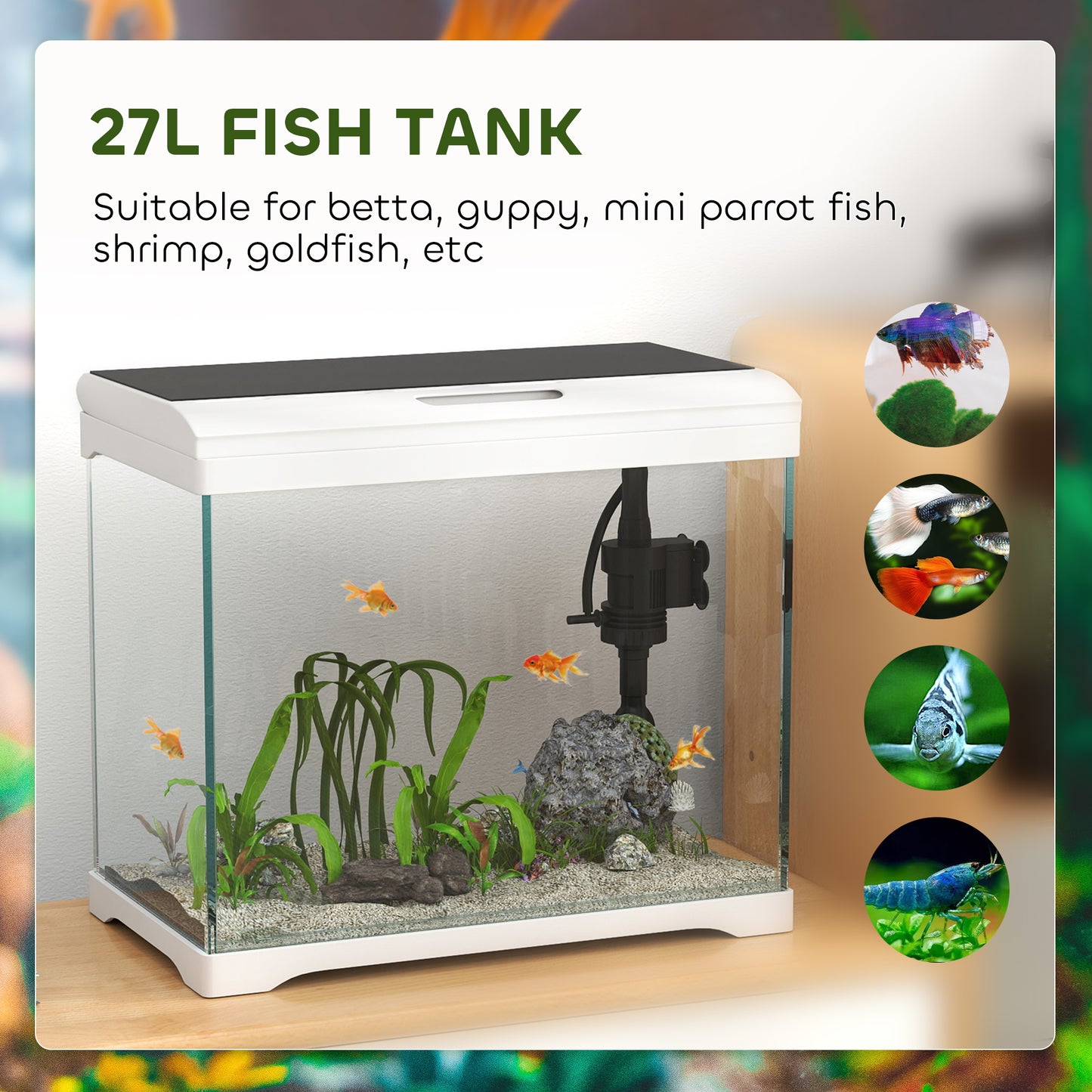 PawHut 27L Glass Fish Tank with Filter System, LED Light, Water Pump, for Betta, Goldfish, Shrimps, White