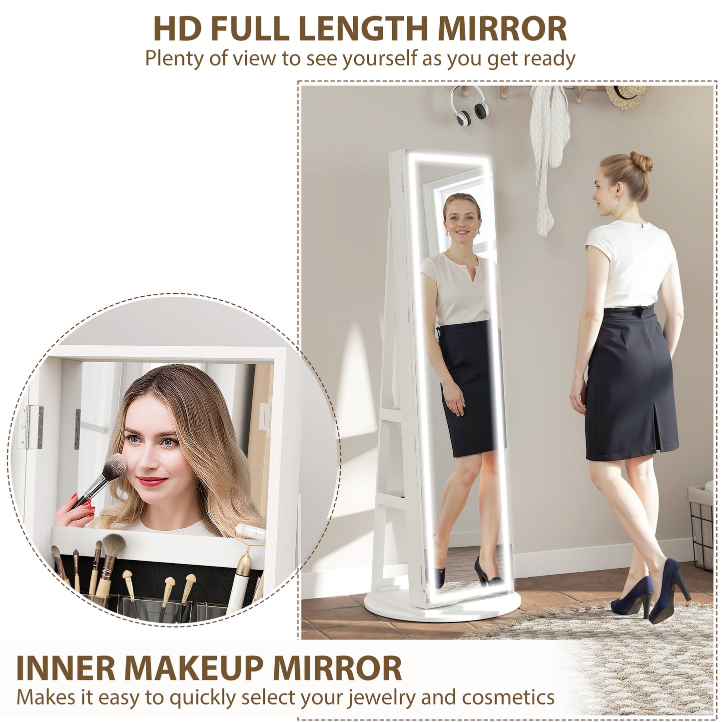 HOMCOM Lockable 360° Swivel Jewellery Cabinet with LED Lights, Full-Length Mirror & Storage for Accessories, Free Standing, White