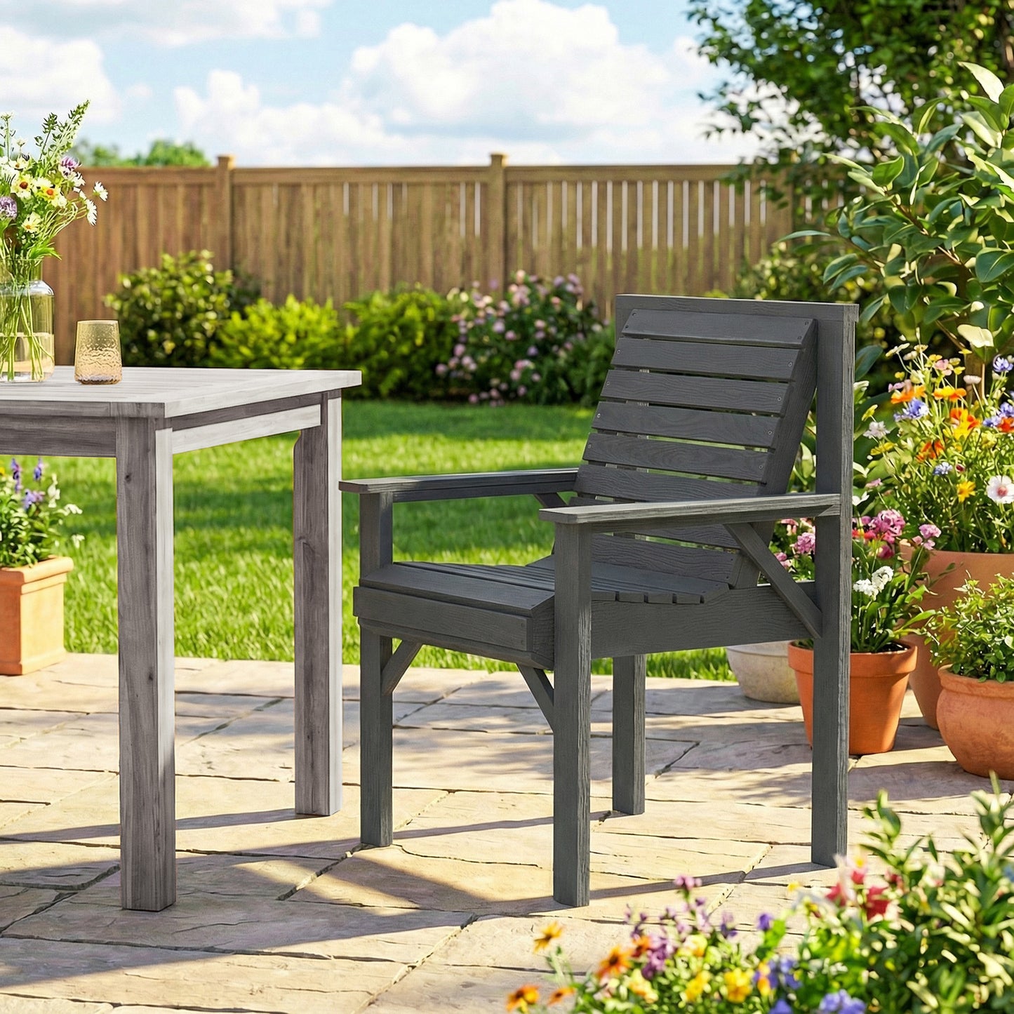 Outsunny Wooden Garden Dining Chair, Outdoor Chair Garden Armchair with Curved Seat and Wide Armrests, Grey Embossed Finish