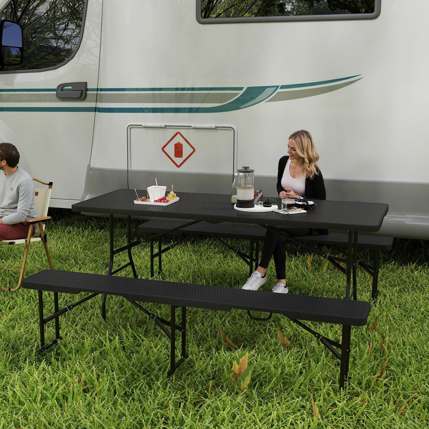 Outsunny Folding Picnic Table & Bench Set, Rattan Effect Portable Camping Table & Chairs with Handles, for Indoor/Outdoor, Black