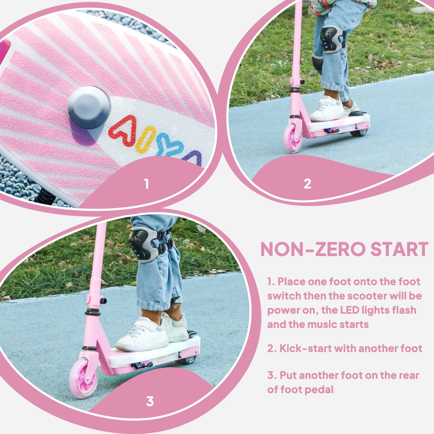AIYAPLAY Electric Scooter for Kids Ages 4-7, with Rear Wheels, LED Light & Electric Brake, 6 KM/H & 8 KM Range, Pink