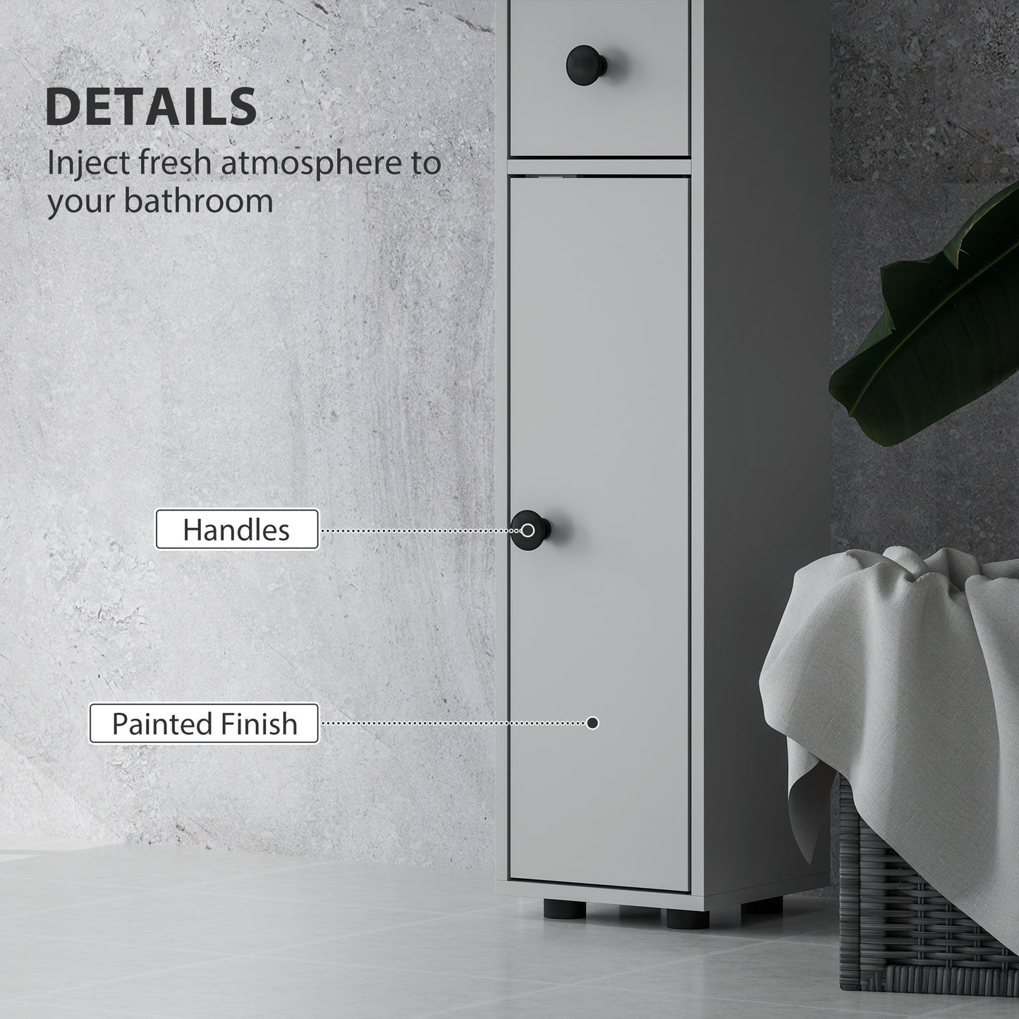 kleankin 180cm Slim Bathroom Cabinet, with Drawer, Shelves and Cupboards - Grey