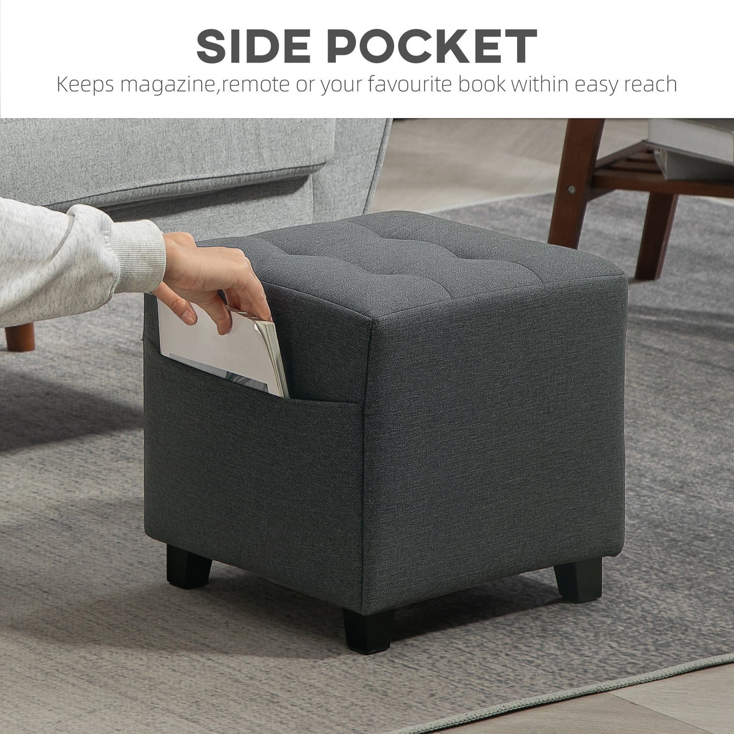 HOMCOM Footstool Ottoman, Linen Fabric with Side Pocket, Rubber Wood Legs, 35x35cm, Grey