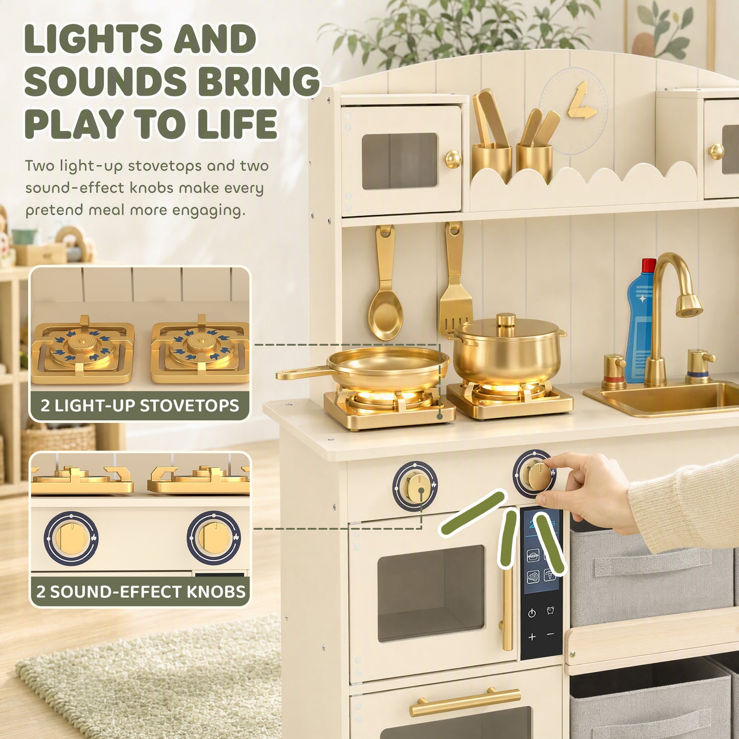 AIYAPLAY Kids Play Kitchen with Lights & Sounds, Pretend Play Toy set with 4 Fabric Drawers, 12-Piece Accessories for 3-6 Years