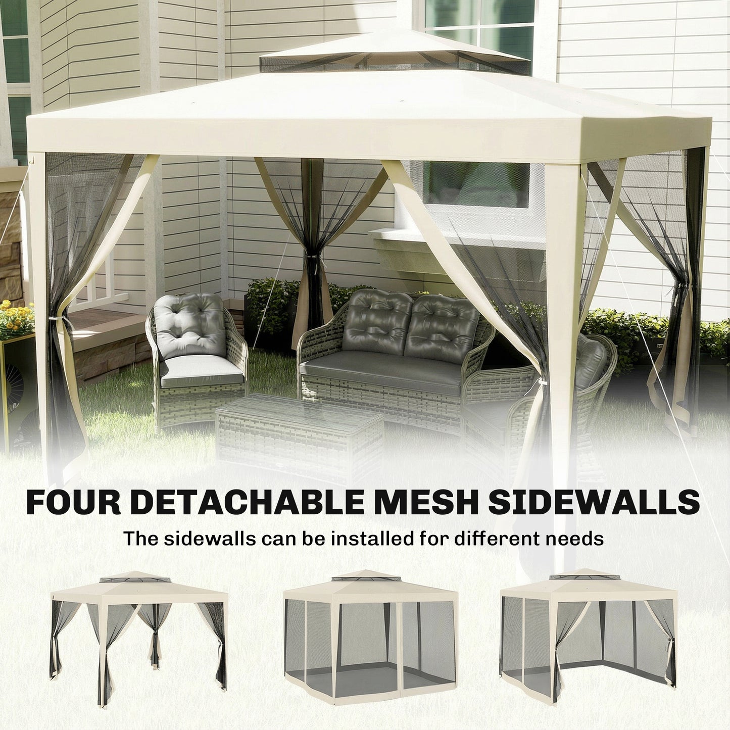 Outsunny 3 x 3 m Gazebo, Netting Party Tent, Patio Canopy Outdoor Event Shelter with Double Tier Roof, Beige