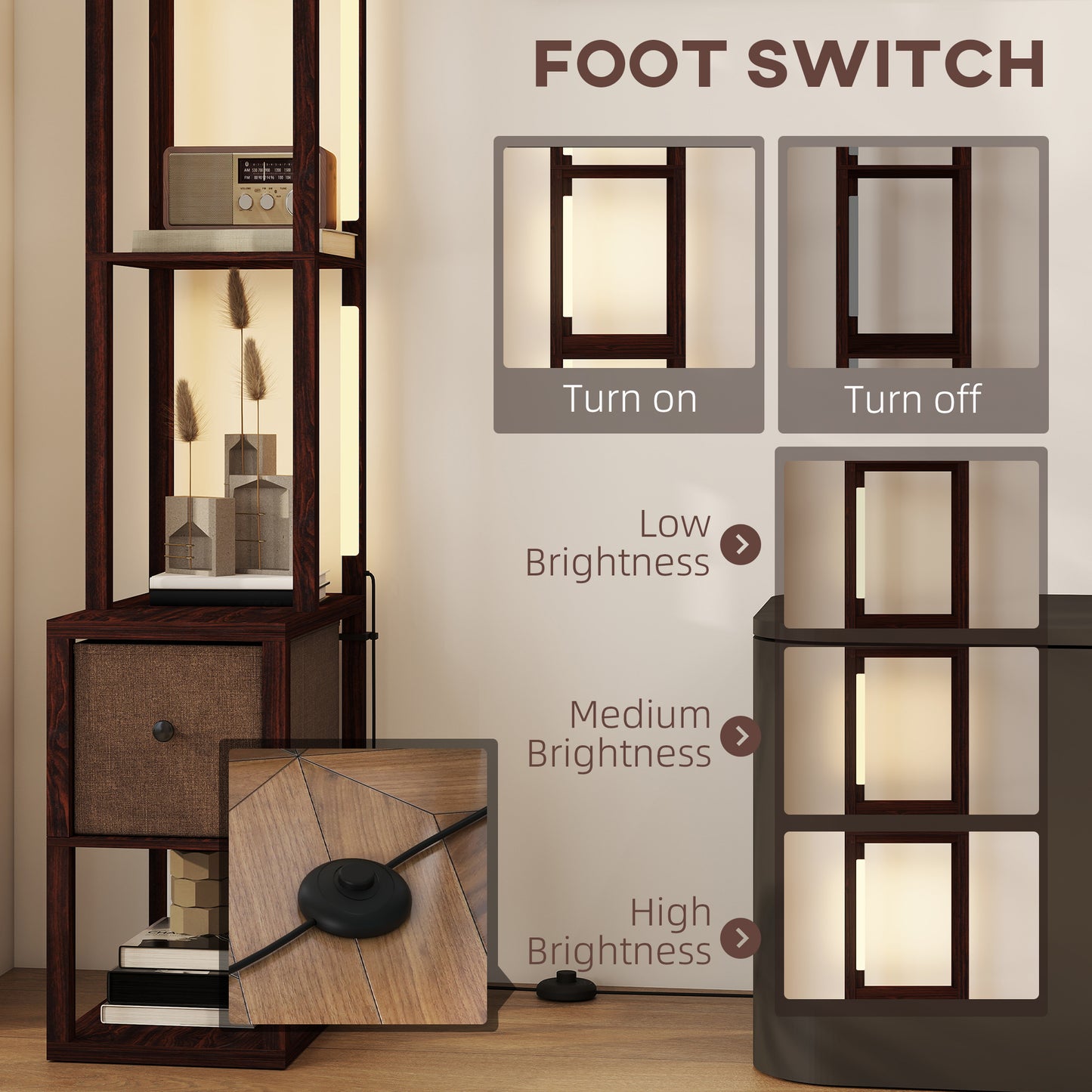 HOMCOM Floor Lamp with Shelves, LED Modern Standing Lamp with Fabric Drawer, Adjustable Brightness, Foot Switch, Dark Brown