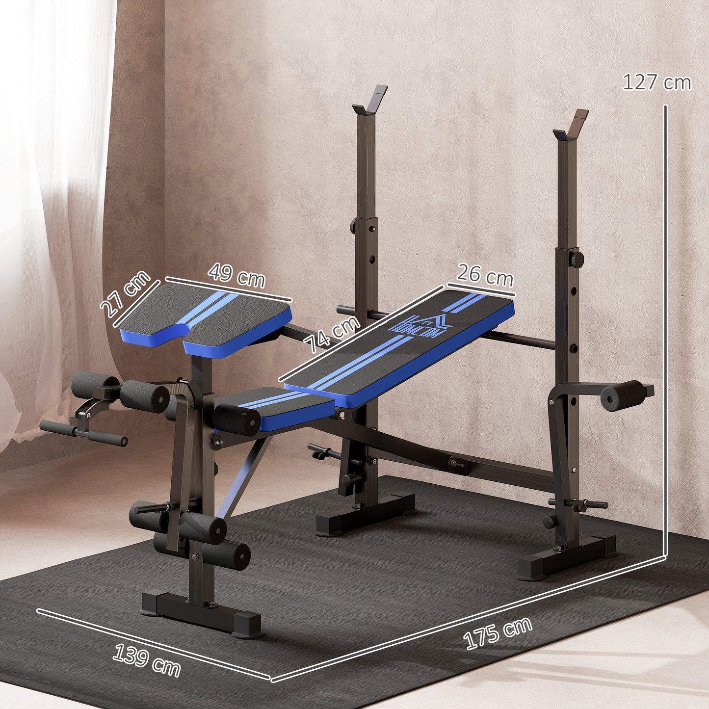 HOMCOM Adjustable Weight Bench with Leg Developer & Barbell Rack for Strength Training, Multifunctional Home Gym Workout Station, Blue