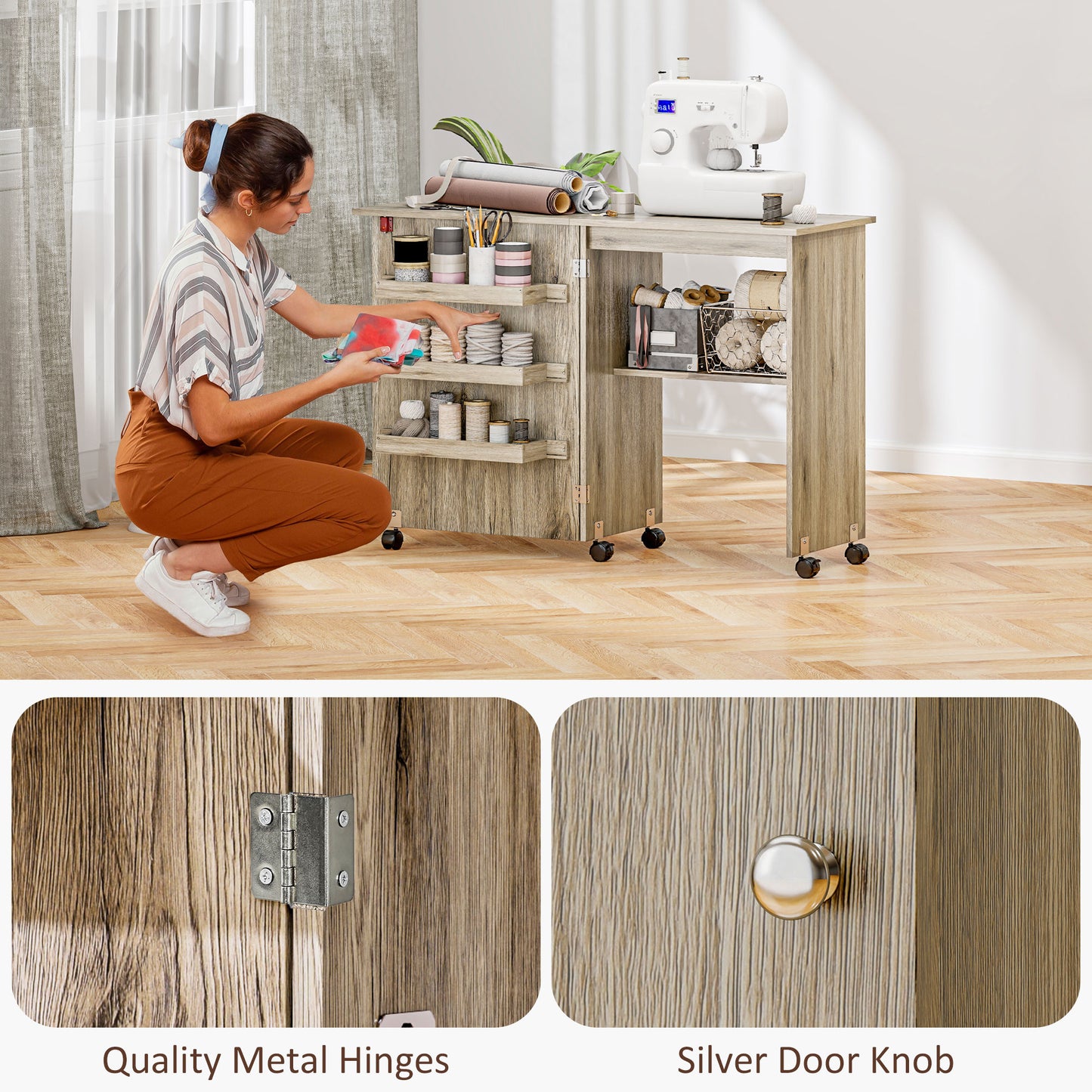 HOMCOM Folding Sewing Table, Drop Leaf Craft Table with Storage, Wheels, Sewing Cabinet Desk, Grey