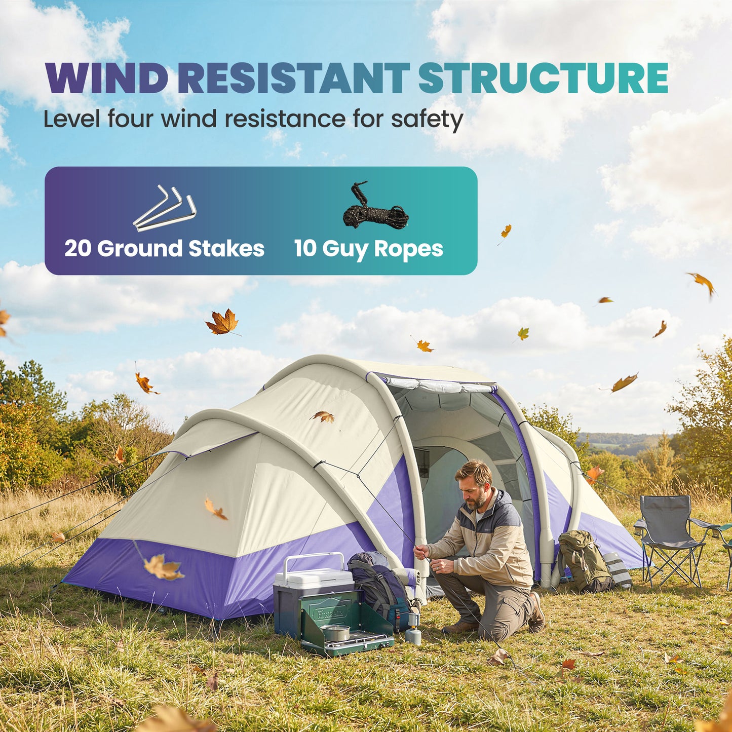 Outsunny Inflatable Tent 2 Bedroom 3000mm Waterproof Windproof Air Tent Carry Bag for 4 Person