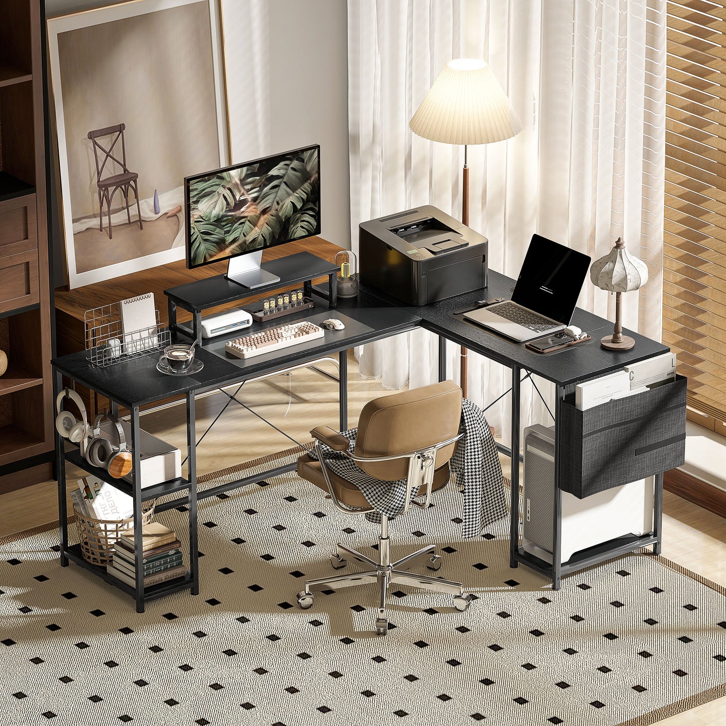 HOMCOM 168cm Reversible L-Shaped Industrial Desk, Adjustable Shelf, Storage Bag, 240cm 2-Person Desk, Black