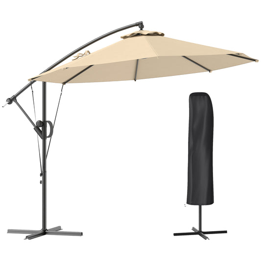 Outsunny Garden Cantilever Parasol with Cover & Strap, Round Umbrella with Crank & Tilt, UPF50+ Banana Patio Shade, Khaki