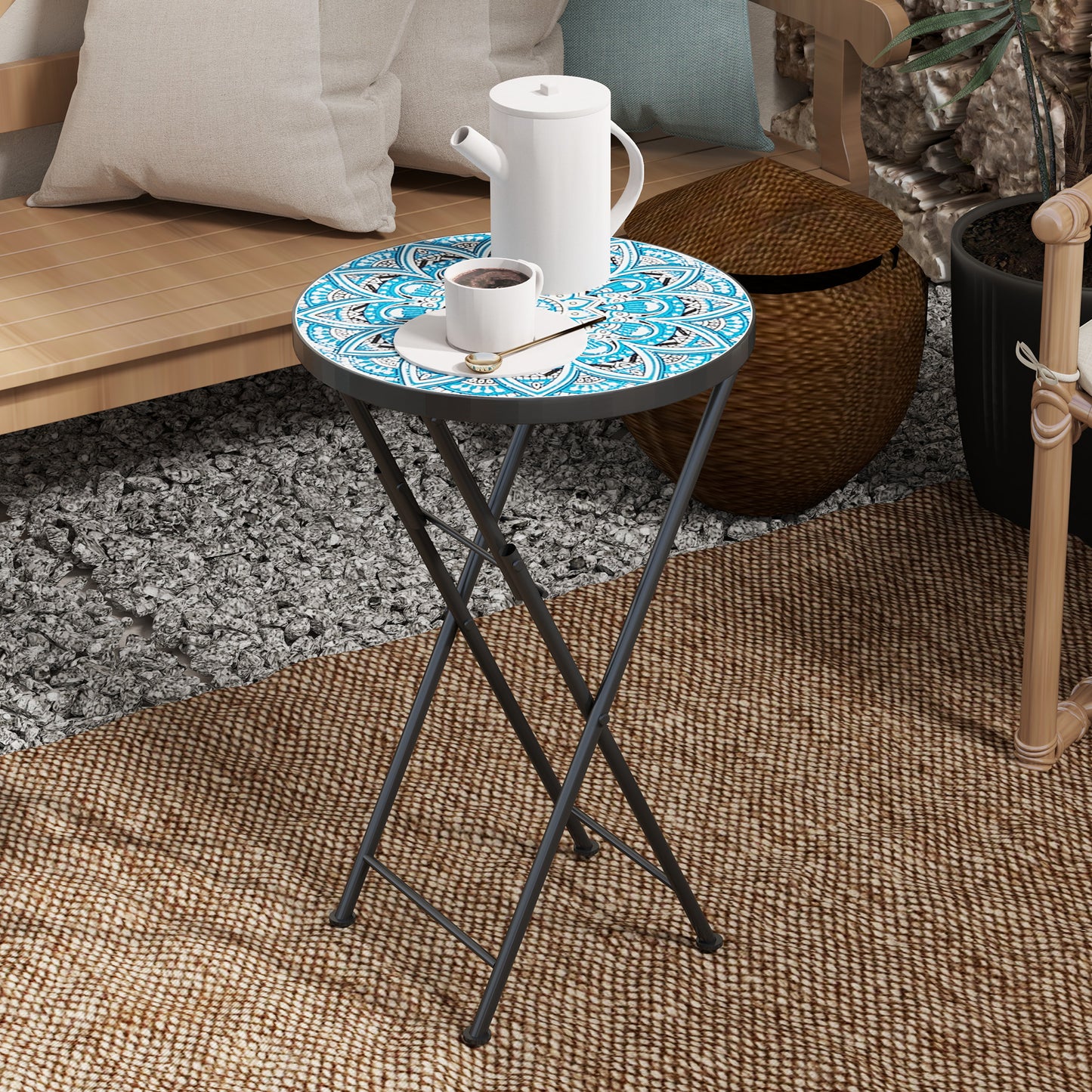 Outsunny Mosaic Garden Table, 35.5cm Round Folding Coffee Table with Metal Frame, Indoor Outdoor Table for Balcony Terrace, Blue