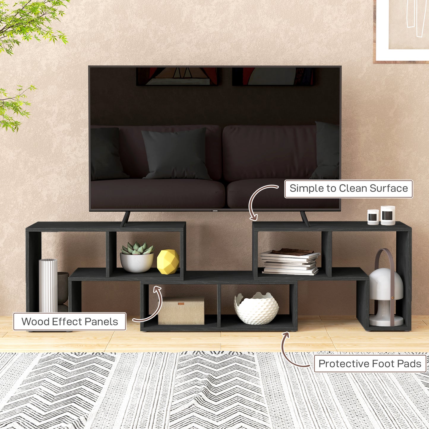 HOMCOM TV Stand for TVs up to 75", Storage Shelves, Extendable Unit, Black Wood Grain