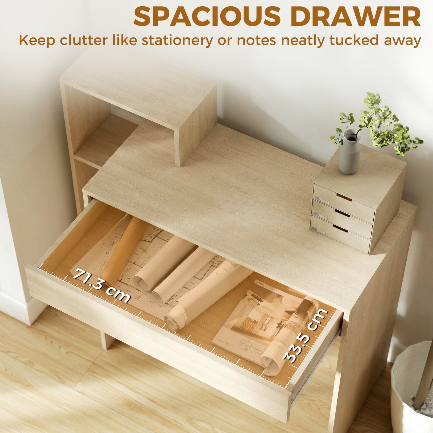 HOMCOM Desk with Storage, Computer Desk with 3 Open Shelves and Drawer, Workstation, Computer Table, Natural