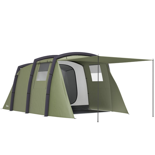 Outsunny Inflatable 3-4 Man Tunnel Tent with Air Pump, Living Area, Vestibule, Waterproof, Sewn-In Groundsheet & Footprint for Camping, Olive Green