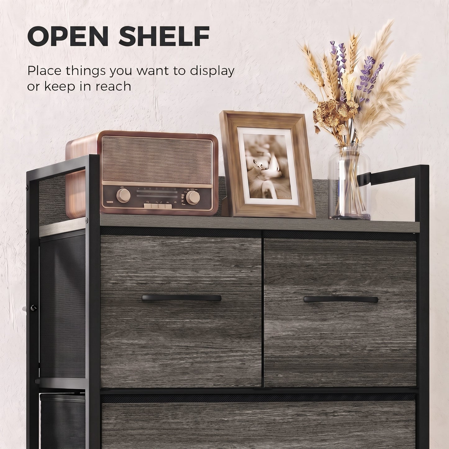 HOMCOM Rustic Chest of Four Fabric Drawers - Grey Wood Effect