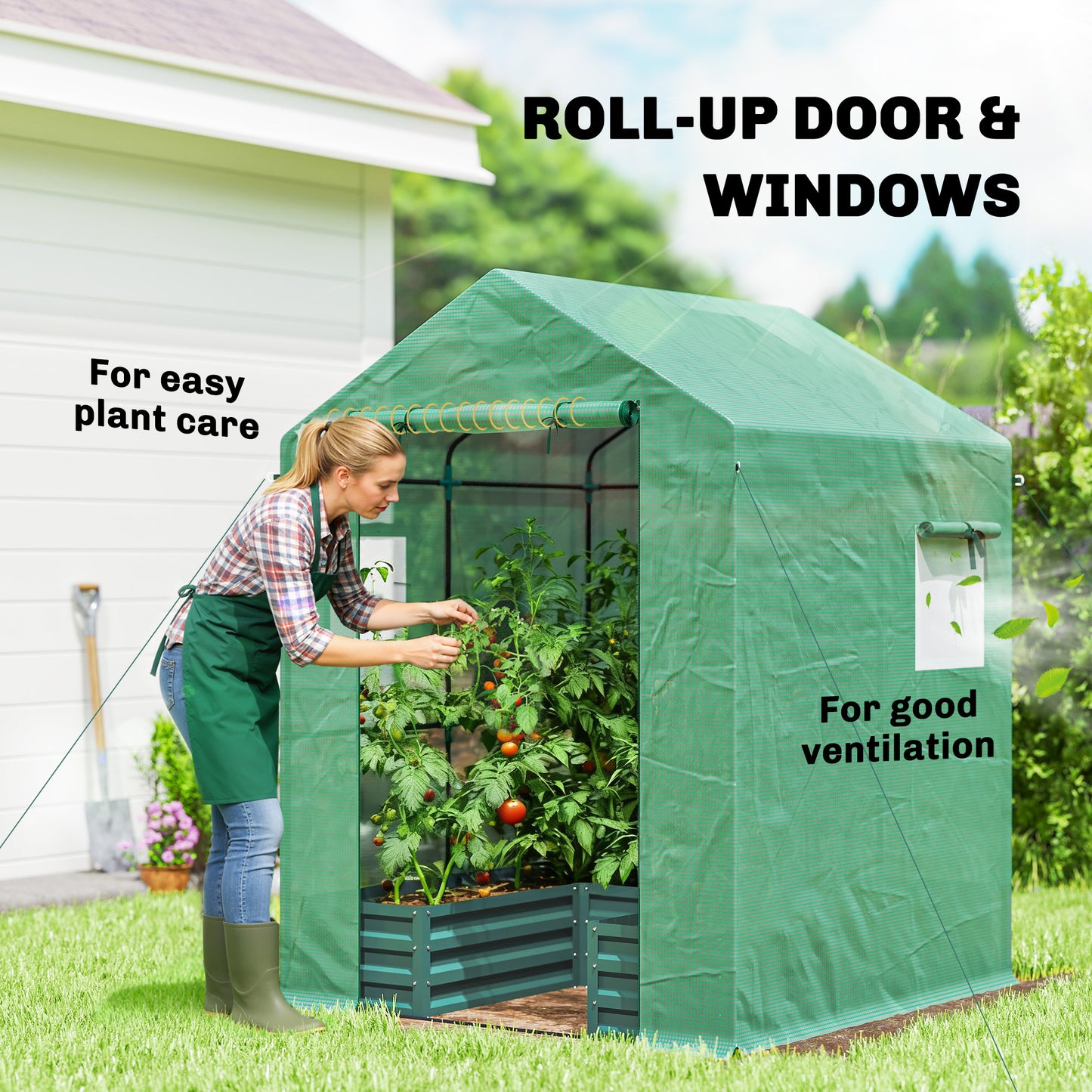 Outsunny Mini Greenhouse with Raised Garden Bed, Galvanised Walk-in Greenhouse with Roll Up Windows, 56" x 56" x 75", Green