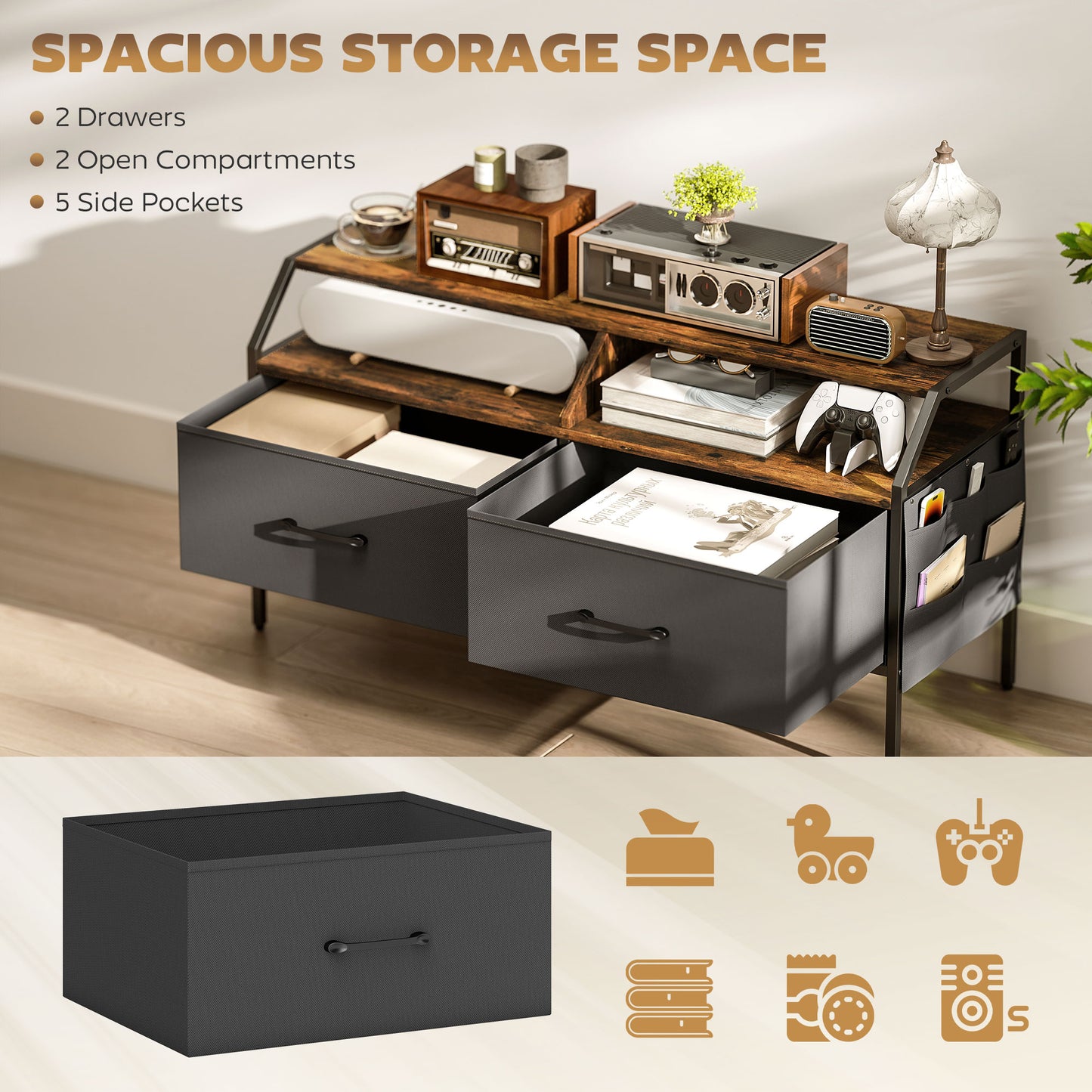 HOMCOM TV Stand Cabinet for 55-inch TVs, 2 Foldable Fabric Drawers, 5 Side Pockets, Open Shelves, Console Table, Rustic Brown