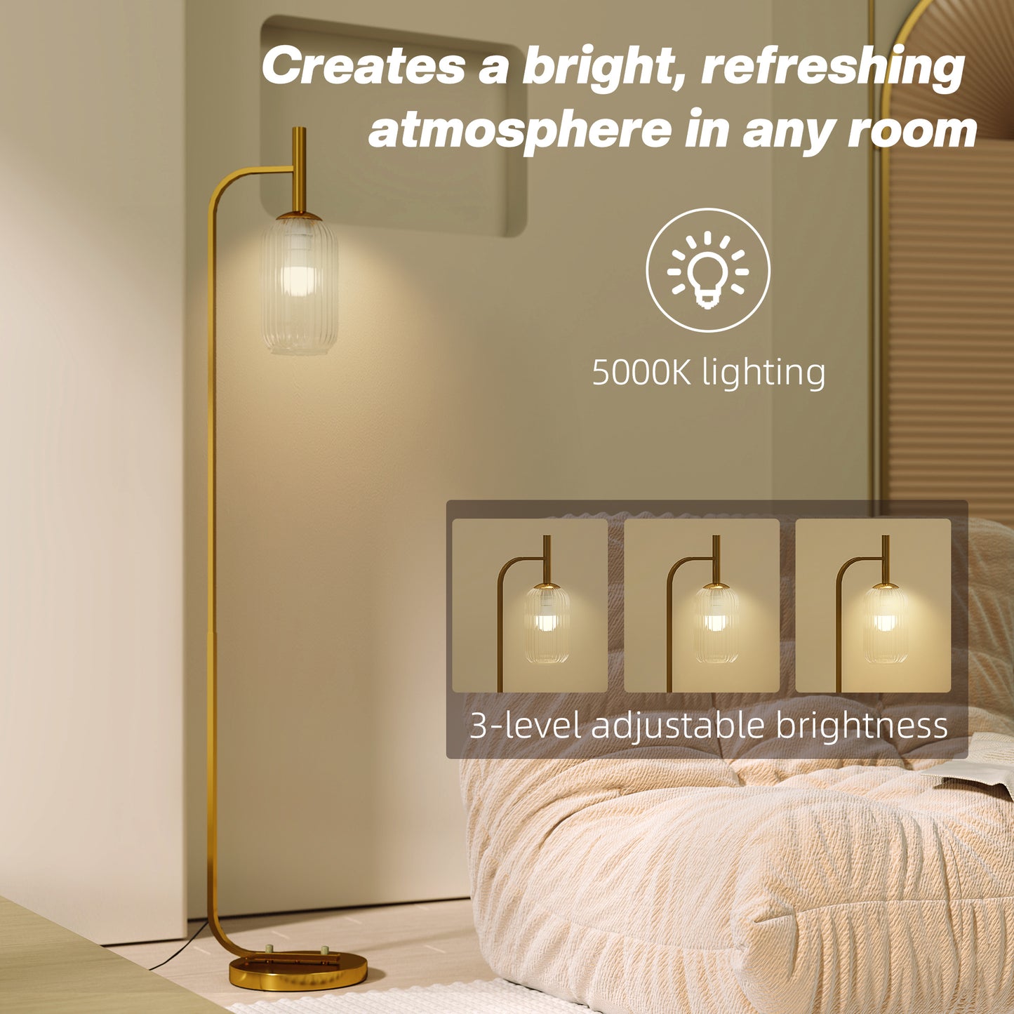 HOMCOM LED Floor Lamp with Glass Shade, Modern Standing Lamp with Foot Switch, Adjustable Brightness 2700K for Bedroom, Gold Tone