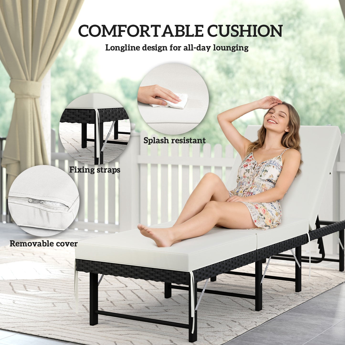 Outsunny Single Folding Rattan Sun Lounger, with Cushion - Black
