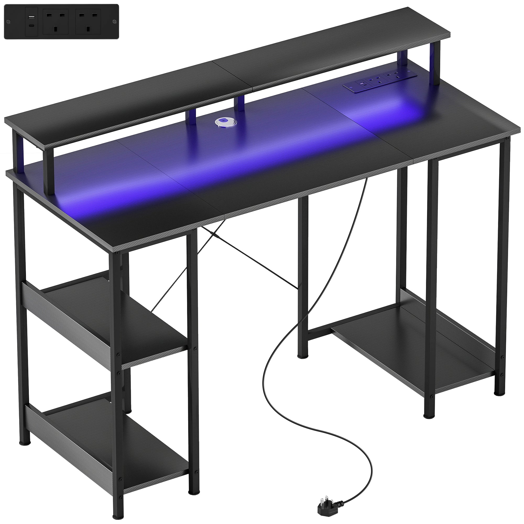 HOMCOM LED Computer Desk, with Power Outlets and Shelves - Carbon Fibr ...