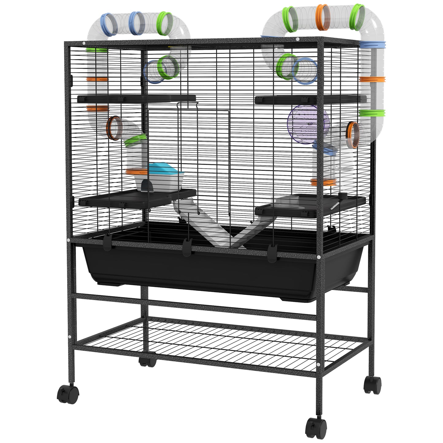 PawHut Large Hamster Cage Gerbil Cage with Tubes Storage Shelf Ramps Platforms Running Wheel - Black