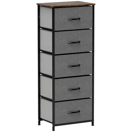 HOMCOM Industrial Fabric Chest of Drawers with 5 Fabric Drawers, Steel Frame, Wooden Top for Bedroom, Nursery, Hallway - Rustic Brown and Grey