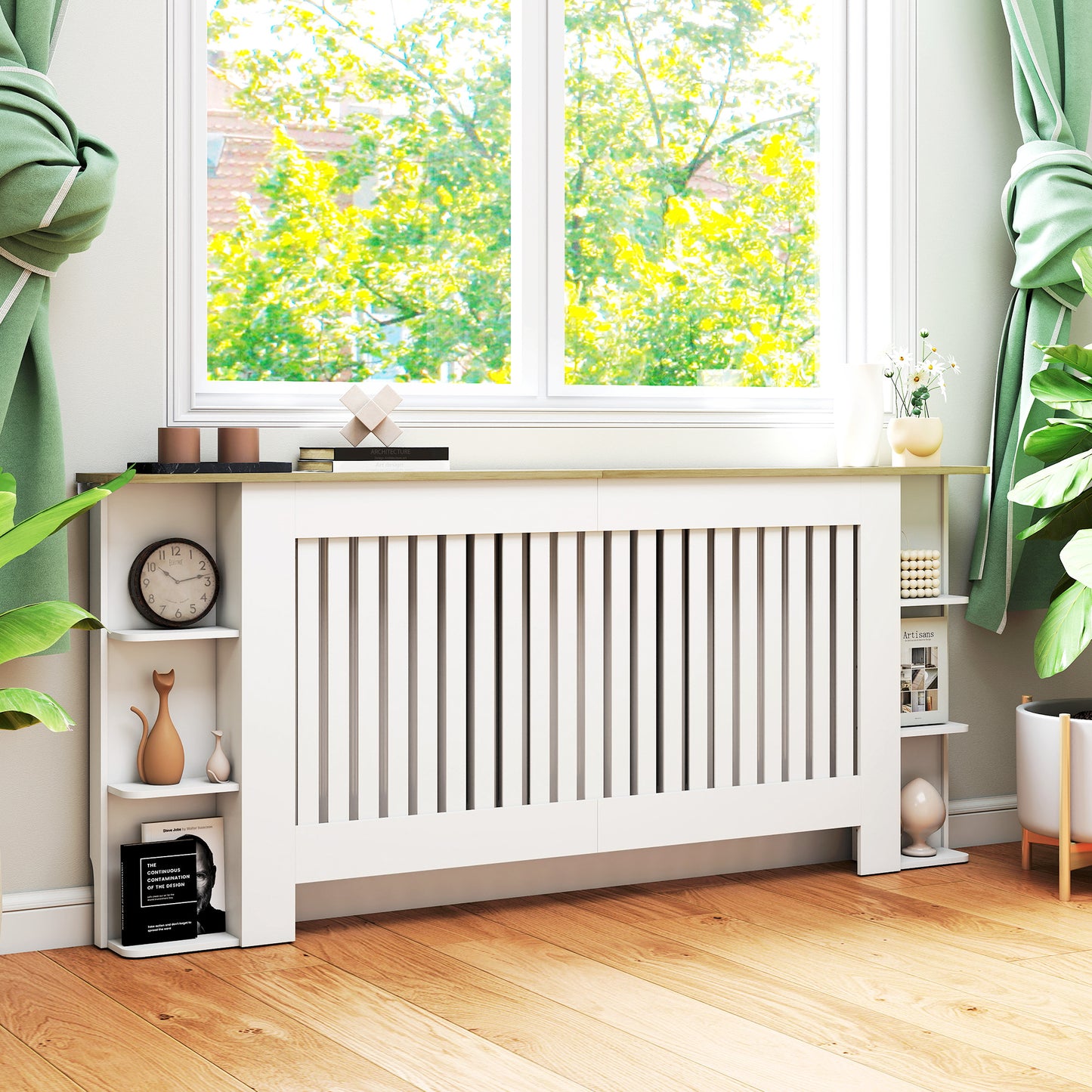 HOMCOM Radiator Cover, Vertical Slatted Cabinet with Open Storage Shelves for Living Room, Extra Large, White