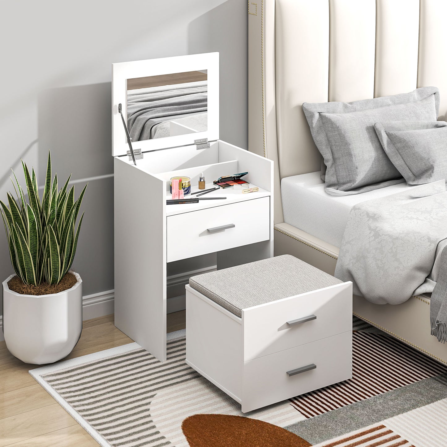 HOMCOM Vanity Desk with Mirror, Modern Dressing Table and Stool w/2 Drawers, Wheels, Flip-Up Mirror, Shelf, White