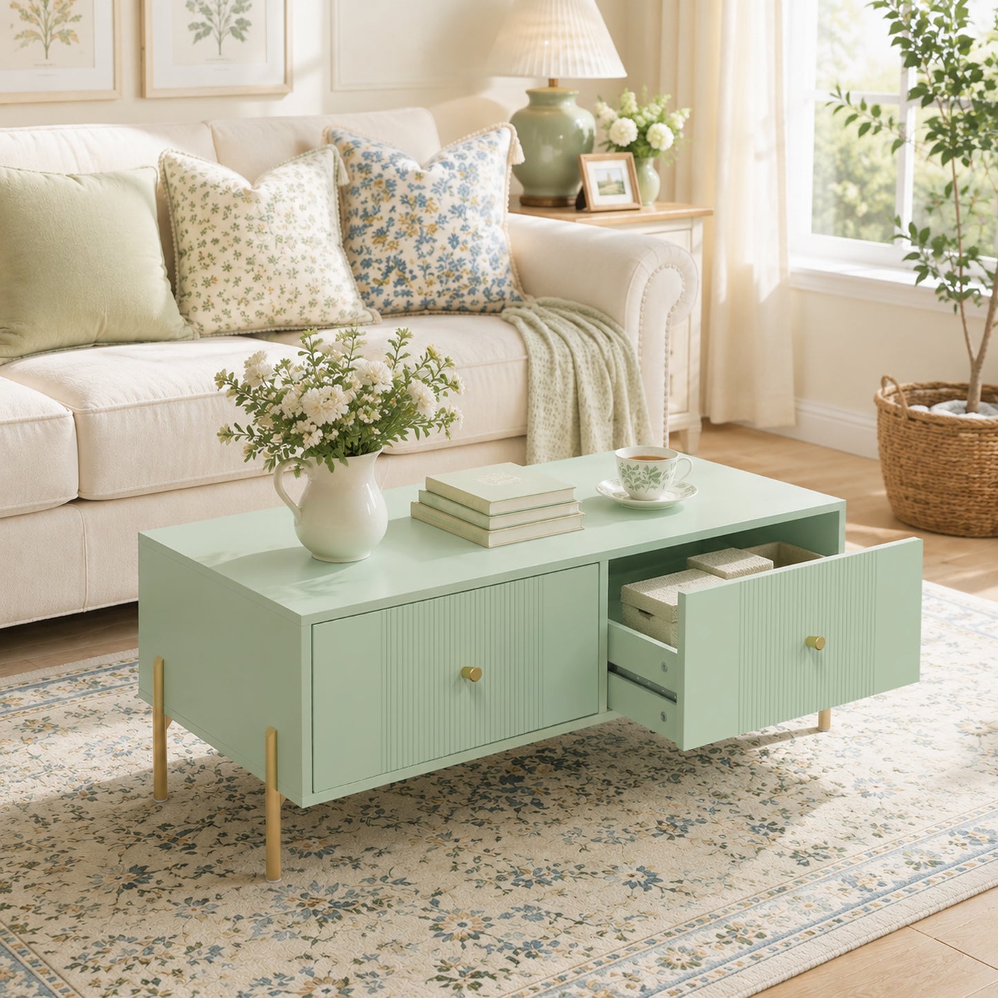 HOMCOM Modern Coffee Table, Living Room Table with Storage, 2 Drawers and Metal legs for Bedroom, Light Green