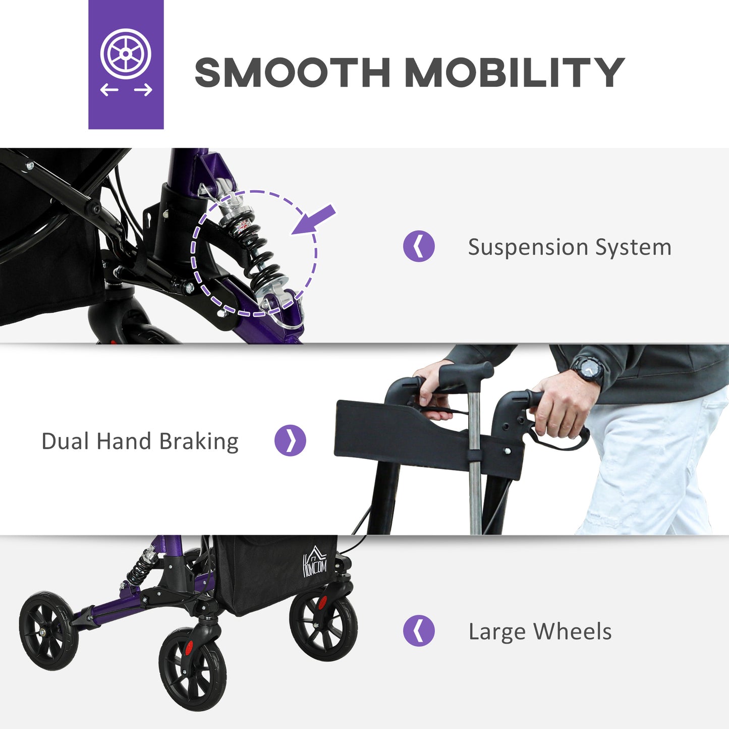 HOMCOM Rollator Walker with Seat, Suspension, Adjustable Handle, 4 Wheels, Purple