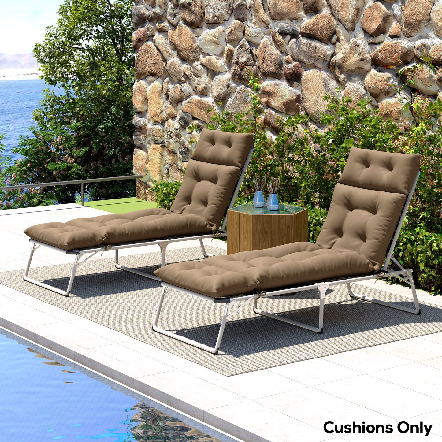 Outsunny Sun Lounger Cushions Set of 2, 190x56x10cm, UPF20+ Fabric, Thick Replacement with 6 Ties, Khaki