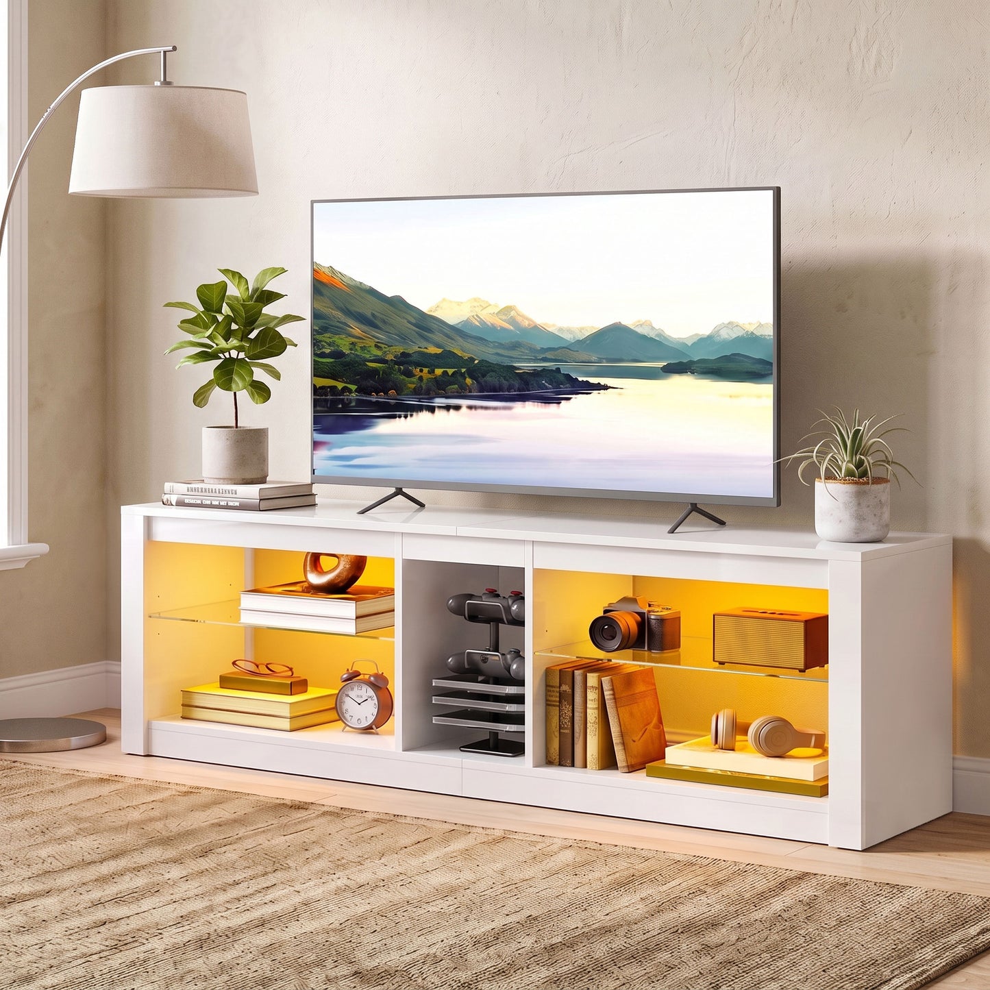HOMCOM TV Stand Cabinet with LED Lights and Remote Control for TVs up to 65", Entertainment Centre with Storage Shelves, White