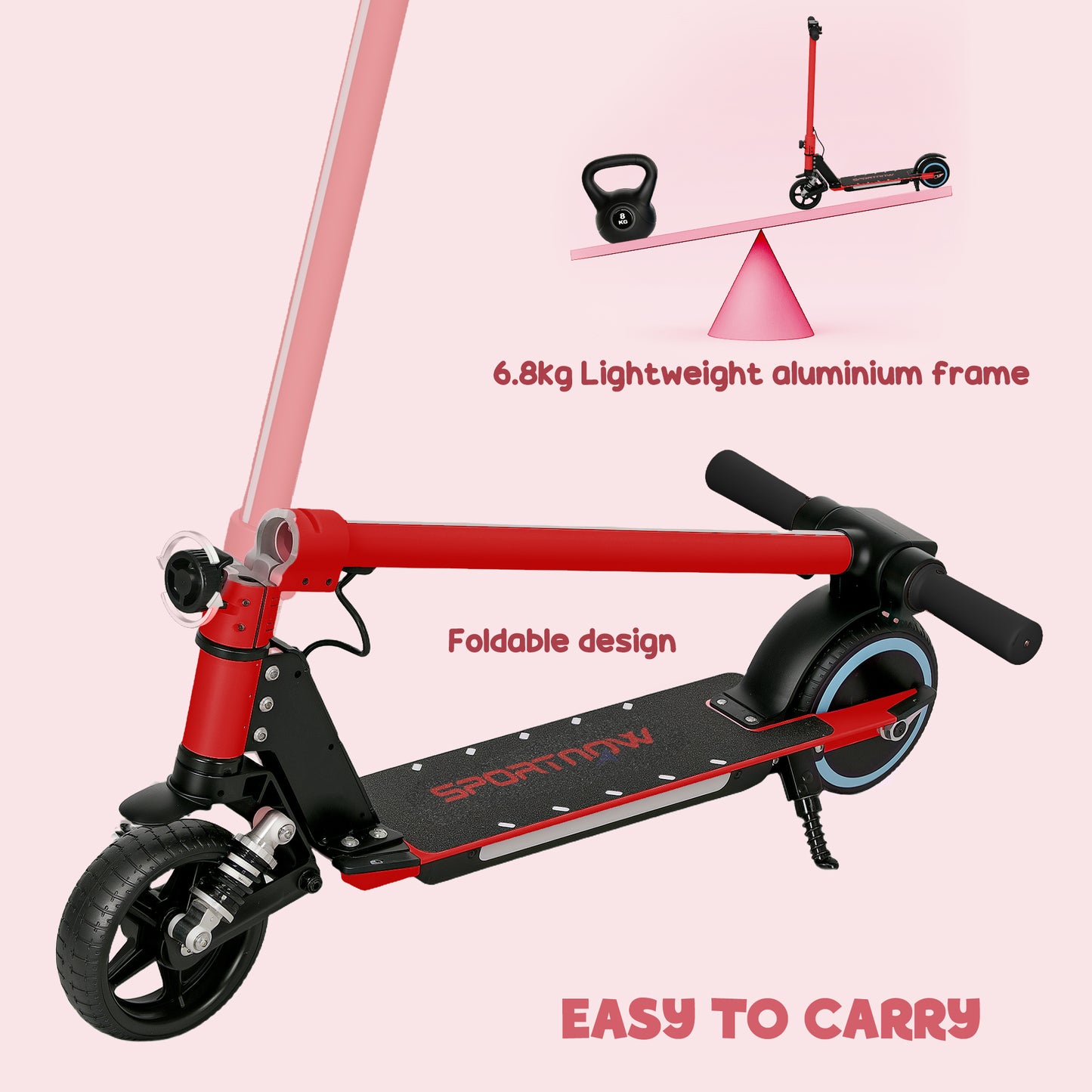 SPORTNOW Folding Electric Scooter for Kids 6-14, Dual Brakes, LED Lights, 6.8kg, 14 KM/H, Red