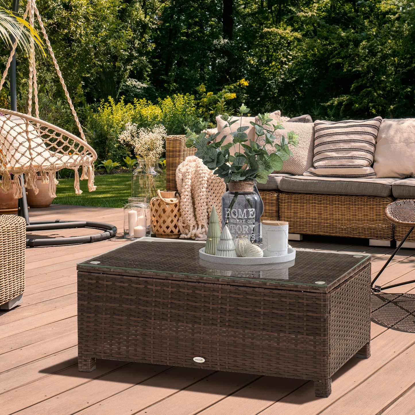 Outsunny Rattan Coffee Table with Glass Top Brown